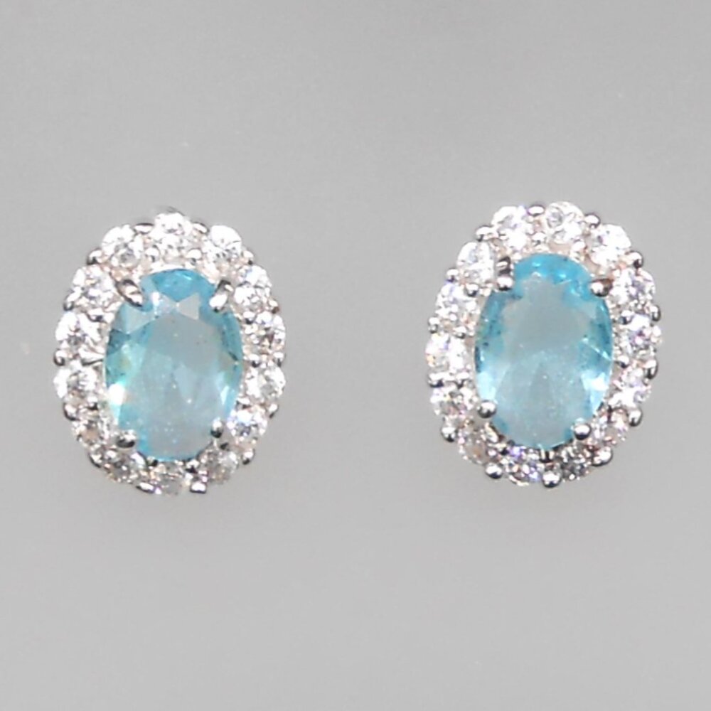 Earrings, Simulated Sky Blue and White Diamond  in Silvertone 3.25 ctw